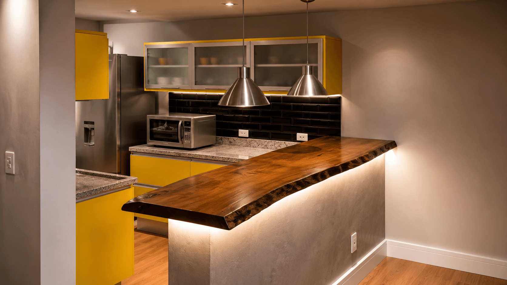 Cozinha gourmet com paredes pintadas e acabamento contemporâneo